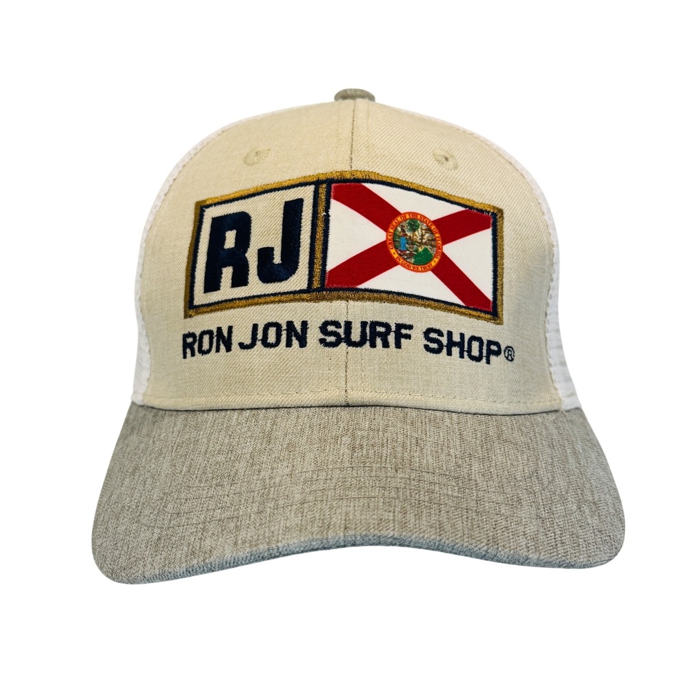 Ron Jon Surf Shop Florida Flag Trucker Hat Tan Gray Mesh Snapback OSFM‎ Mens Cap